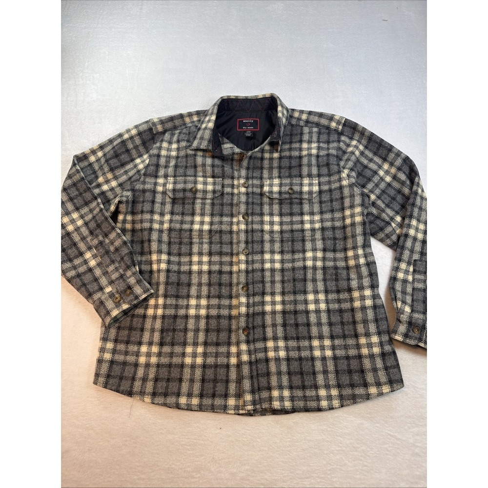 Woolly Dry Goods Men's XL Gray Cream Plaid Flannel Shirt‎ Cotton Wool Outdoor